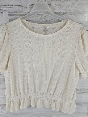 Lucky Brand Women’s SIZE XL Cream Textured Knit Puff Sleeve Peplum Top Boho *EUC